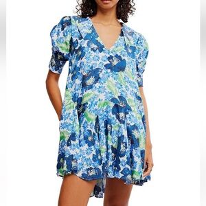 Free People Moon Chaser Floral V-Neck Short Sleeve Mini Babydoll Dress Medium